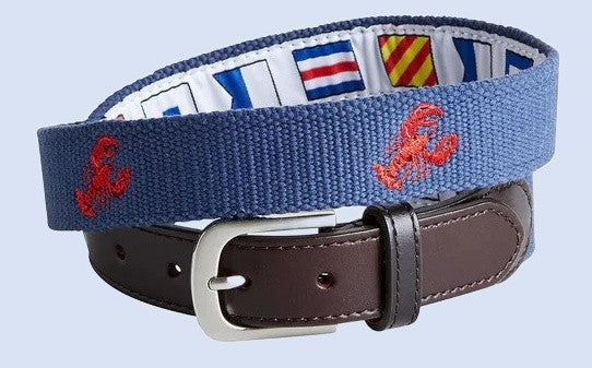 Mens Embroidered Canvas Belt Lobster on Blue