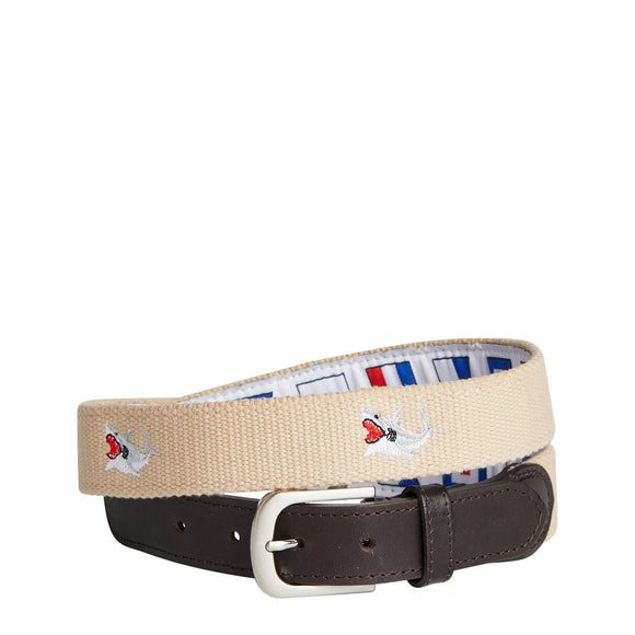 Mens Embroidered Canvas Belts  Sharks onn cream