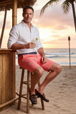 Mens Stretch Twill, Embroidered shorts,  Fin and Tonic on Sunset, Coral