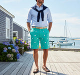 Men's Embroidered Cisco shorts, White  Shamrocks on Aquatic Green