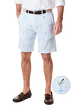 Blue seersucker embroidered shorts with green olives celebrating the new you