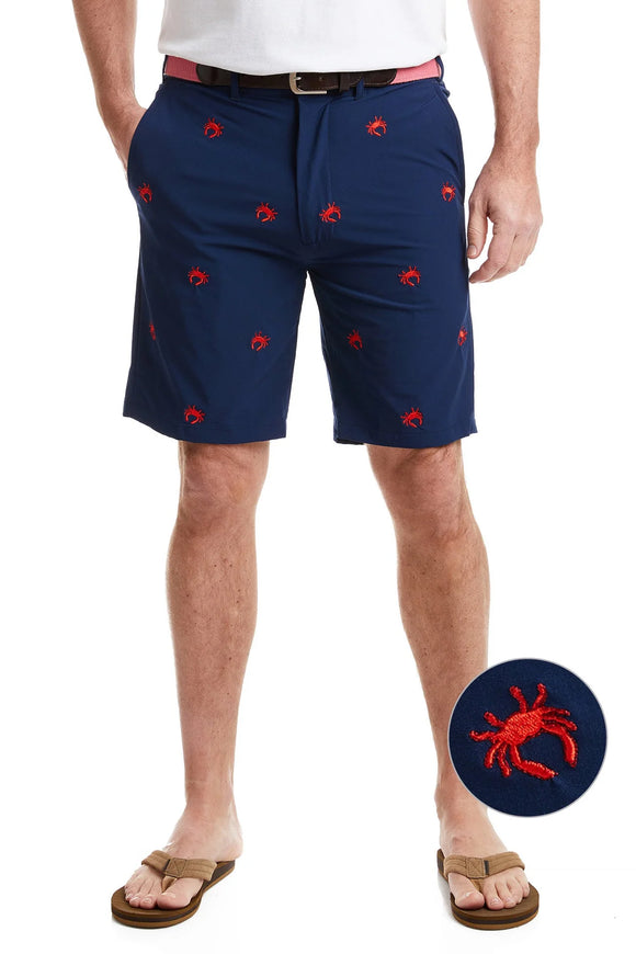 Men' Preppy Embroidered Shorts Red Crab on Navy