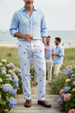 Mens  Embroidered Pants Lobster and Crab on blue Seersucker