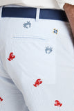 Mens  Embroidered Pants Lobster and Crab on blue Seersucker
