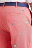 Mens Stretch Twill, Embroidered shorts,  Fin and Tonic on Sunset, Coral