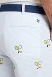 Men's Embroidered Cisco Shorts, Tennis on Blue Seersucker