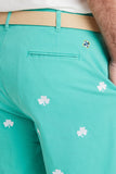 Men's Embroidered Cisco shorts, White  Shamrocks on Aquatic Green