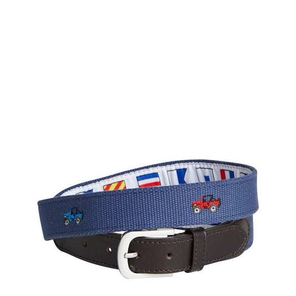 Mens Embroidered Canvas Belt Jeeps on Dusty Blue