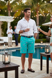 Men's Preppy Embroidered Shorts, Pink Elephant Toasting on Aquatic Green