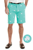 Men's Embroidered Cisco shorts, White  Shamrocks on Aquatic Green