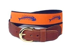 Unique boys ribbon belt with royal blue fish bones on an orahnge background
