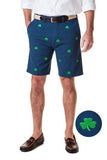 Embroidered shorts with green shamrock  image on a navy background. A Southie favorite